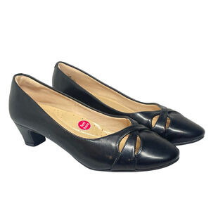 Heavenly Comfort Sz 8.5 Randi Pumps Low 1.5" Heel Cut-Out Vamp Black Faux Leathe
